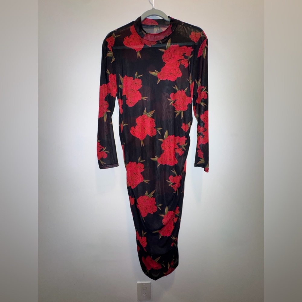 Sheer Black Dress with Red Floral Pattern